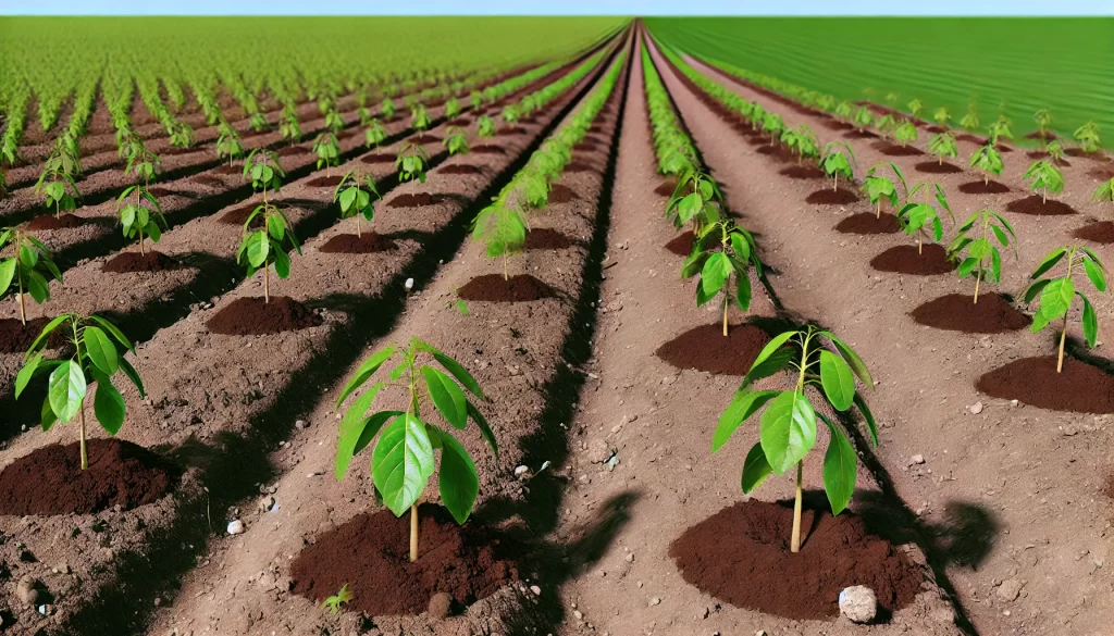 DALL·E 2024 08 14 13.25.07 An ultra realistic image depicting the planting and spacing of young avocado plants in a field. The scene shows rows of young avocado saplings planted