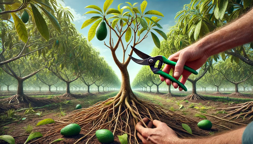 DALL·E 2024 08 14 13.25.50 An ultra realistic image depicting the pruning of a young avocado tree. The scene shows a person carefully pruning the tree with a pair of pruning she