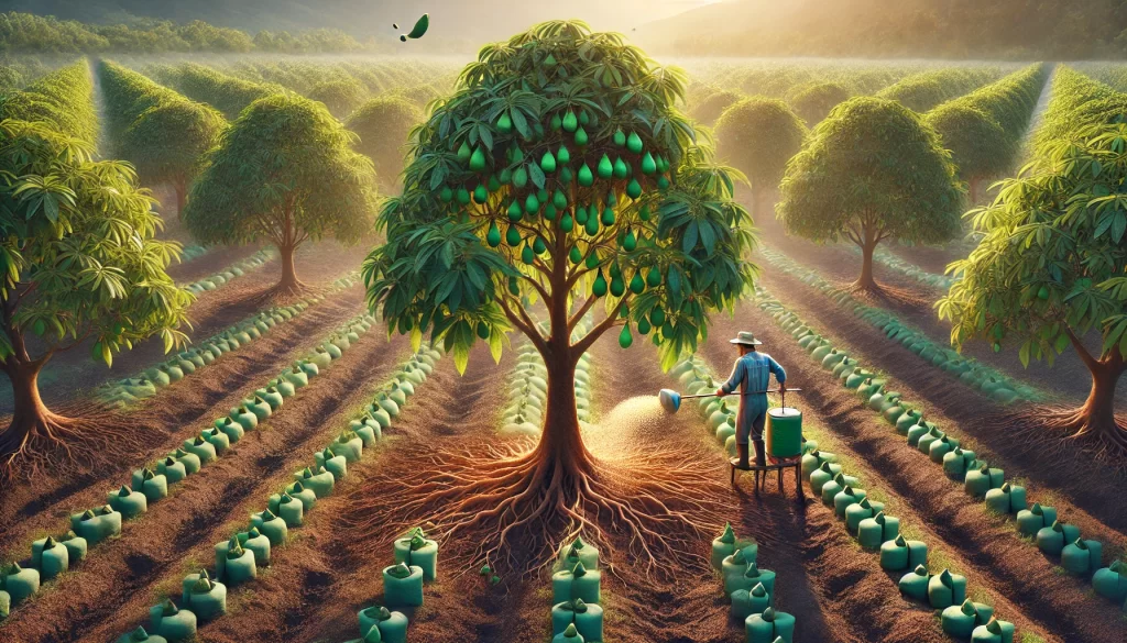 DALL·E 2024 08 14 13.26.37 An ultra realistic image depicting the fertilization of an avocado tree in a large avocado orchard. The scene shows a farmer applying granular fertili