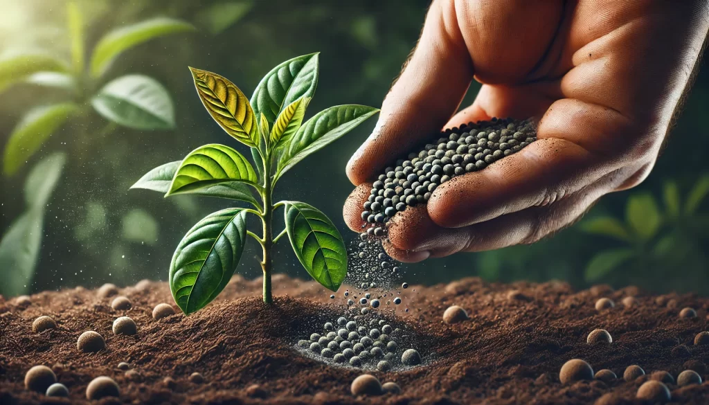 DALL·E 2024 08 14 13.27.34 An ultra realistic close up image of a hand adding granular fertilizer to the soil around a young avocado plant. The hand is holding the fertilizer ca