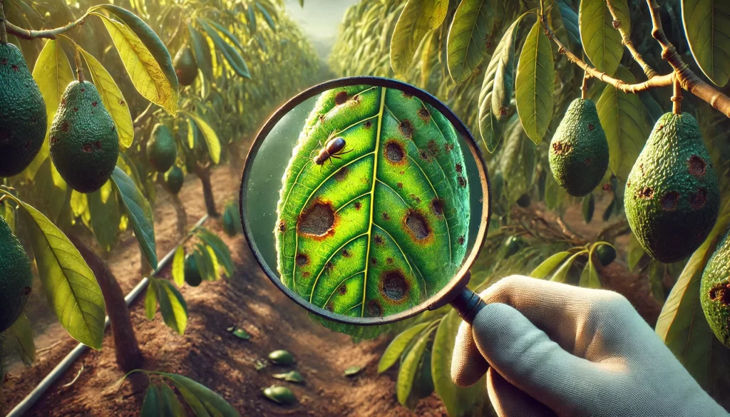 DALL·E 2024 08 14 13.28.41 An ultra realistic close up image depicting the identification and monitoring of pests in an avocado orchard. The scene shows a close up of an avocado