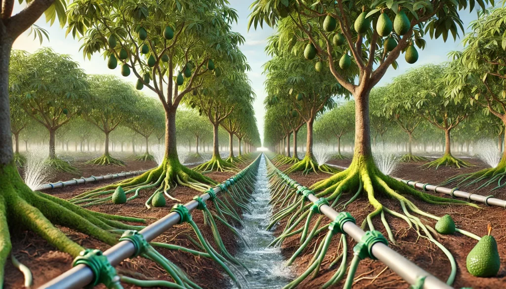 DALL·E 2024 08 14 14.59.03 An ultra realistic image depicting a drip irrigation system in an avocado orchard. The scene shows drip lines running along the base of mature avocado