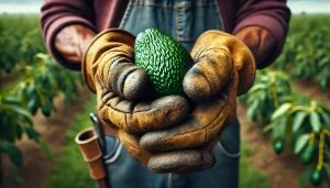 DALL·E 2024 08 14 15.00.14 An ultra realistic close up image of a Mexican farmer's hands wearing slightly dirty leather gloves from working in the field. The hands are carefully