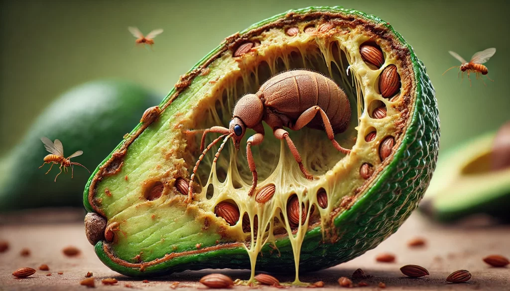 DALL·E 2024 08 14 15.03.56 An ultra realistic close up image showing the Barrenador del Hueso (Heilipus lauri) pest on an avocado. The image focuses on the insect boring into th