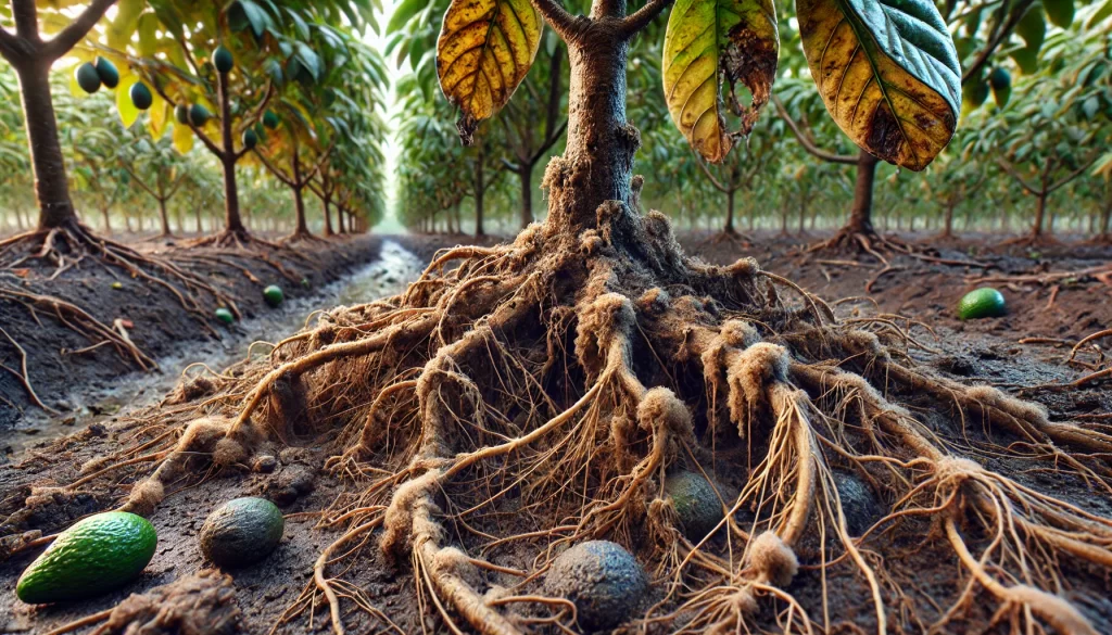 DALL·E 2024 08 14 15.07.04 An ultra realistic close up image showing root rot caused by Phytophthora (Phytophthora cinnamomi) in an avocado tree. The image focuses on the roots