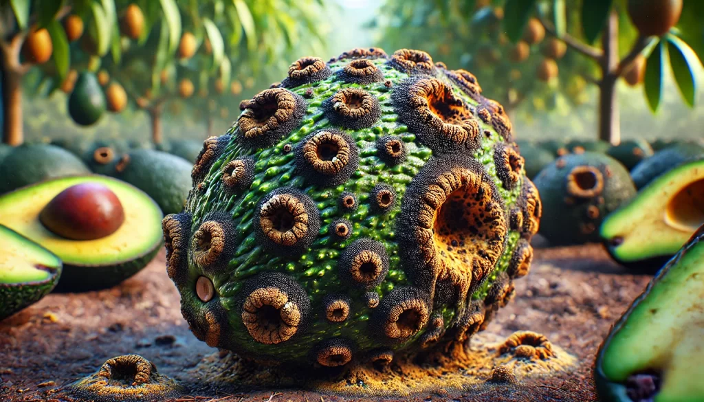 DALL·E 2024 08 14 15.07.46 An ultra realistic close up image showing Anthracnose (Colletotrichum gloeosporioides) on an avocado fruit in the orchard. The image focuses on the av