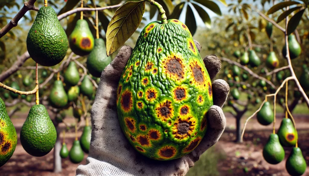 DALL·E 2024 08 14 15.08.38 An ultra realistic close up image showing Sun Blotch (Mancha del Sol) on an avocado fruit in the orchard. The image focuses on the avocado, which has