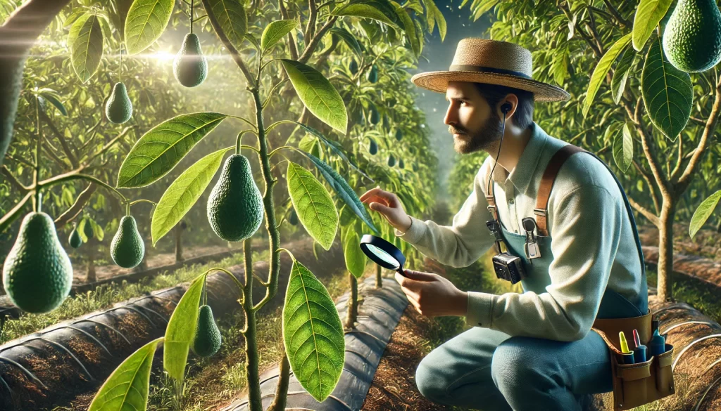 DALL·E 2024 08 14 15.09.50 An ultra realistic image of a farmer performing monitoring and diagnostics on an avocado plant. The scene shows the farmer carefully inspecting the pl