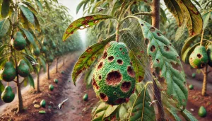 DALL·E 2024 08 14 15.10.47 An ultra realistic image showing a pest infestation in an avocado orchard. The image focuses on a section of an avocado tree where pests, such as inse