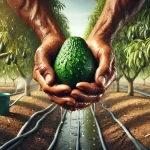 DALL·E 2024 08 14 15.13.48 An ultra realistic image showing a Mexican farmer holding a freshly rinsed avocado in their hands, with water droplets still visible on the fruit. The