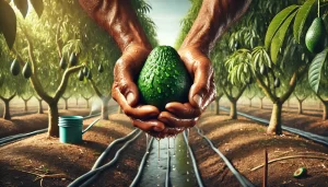 DALL·E 2024 08 14 15.13.48 An ultra realistic image showing a Mexican farmer holding a freshly rinsed avocado in their hands, with water droplets still visible on the fruit. The