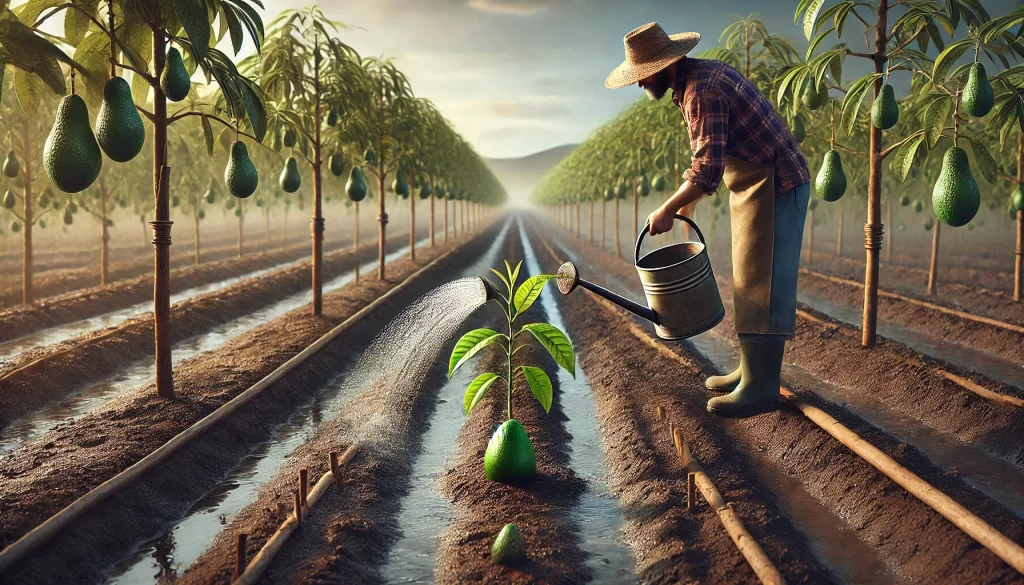 DALL·E 2024 08 14 15.14.49 An ultra realistic image of a farmer watering an avocado plant in an orchard. The farmer is using a watering can or hose, carefully directing water to