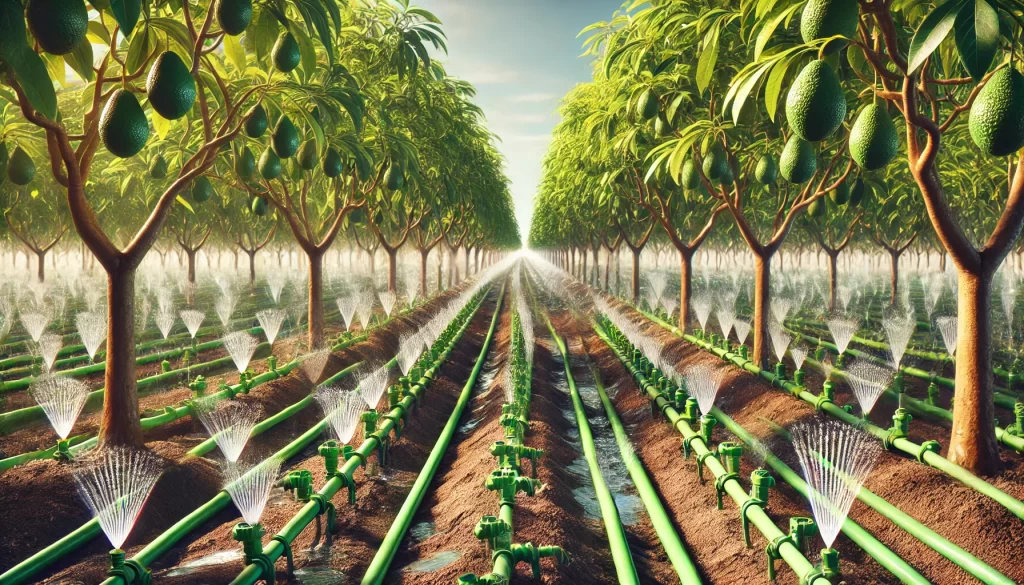 DALL·E 2024 08 14 15.16.54 An ultra realistic image showing a drip irrigation system in a large avocado field. The scene features drip lines running along the rows of mature avo