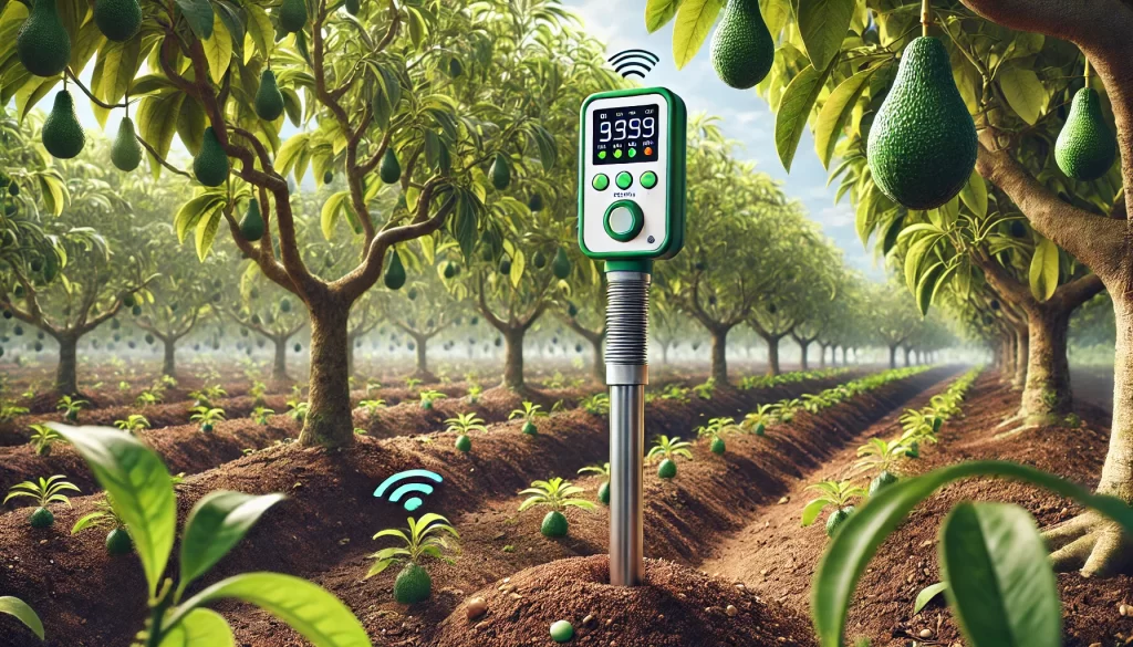 DALL·E 2024 08 14 15.22.45 An ultra realistic image showing soil moisture monitoring in an avocado orchard. The scene depicts a modern soil moisture sensor inserted into the soi