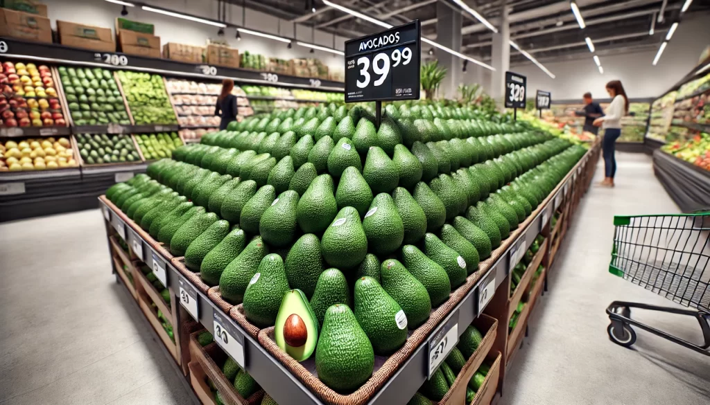 DALL·E 2024 08 14 15.25.50 An ultra realistic image showing avocados for sale in a supermarket. The scene depicts a neatly arranged display of fresh, ripe avocados in a produce