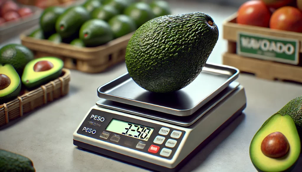 DALL·E 2024 08 14 15.26.48 An ultra realistic image of an avocado placed on a weighing scale with a visible price tag showing a peso sign. The avocado is ripe, with a dark green