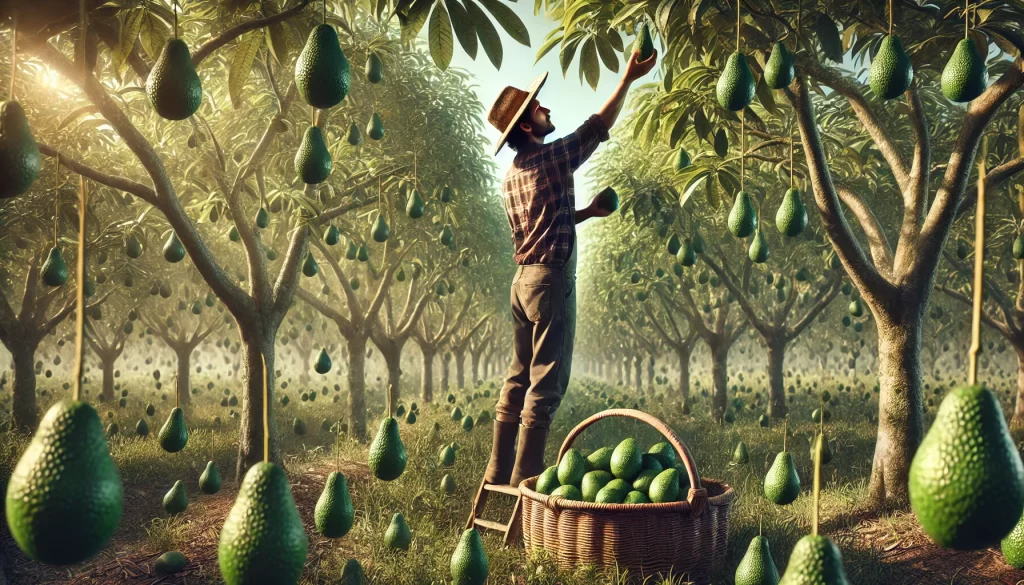 DALL·E 2024 08 14 15.28.46 An ultra realistic image of a farmer harvesting avocados in an orchard. The farmer is reaching up to pick ripe avocados from a tree, placing them into