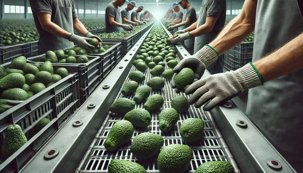 DALL·E 2024 08 14 15.30.01 An ultra realistic image showing hands carefully sorting and selecting avocados on a harvest line. The scene depicts workers' hands, possibly wearing