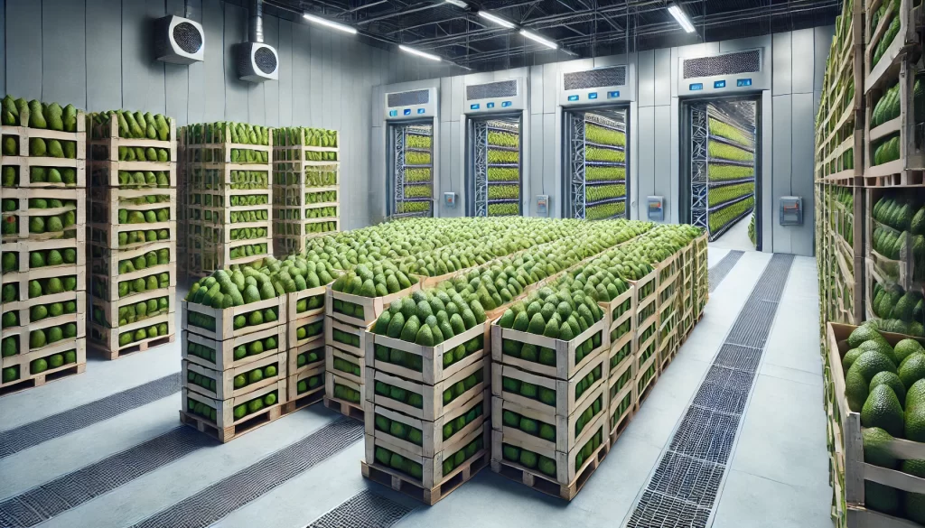 DALL·E 2024 08 14 15.31.16 An ultra realistic image showing the refrigeration process of harvested avocados in a cold storage facility. The scene depicts crates or pallets stack