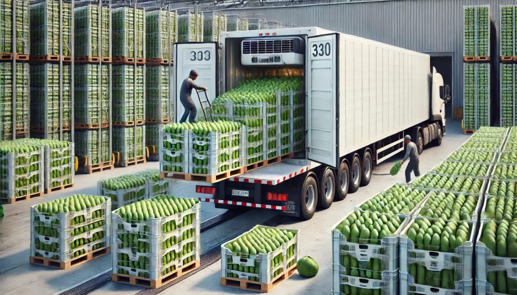 DALL·E 2024 08 14 15.32.20 An ultra realistic image showing refrigerated trucks (cold storage trucks) being loaded with plastic crates full of freshly harvested avocados. The sc