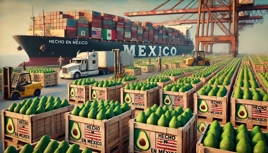 DALL·E 2024 08 14 15.33.31 An ultra realistic image depicting the exportation of avocados from Mexico to the USA. The scene shows large shipping containers filled with crates of