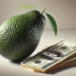 DALL·E 2024 08 14 15.34.53 An ultra realistic image showing a ripe avocado placed next to a few U.S. dollar bills. The avocado is whole, with its dark green, textured skin, sitt