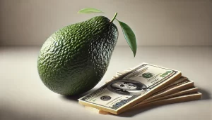 DALL·E 2024 08 14 15.34.53 An ultra realistic image showing a ripe avocado placed next to a few U.S. dollar bills. The avocado is whole, with its dark green, textured skin, sitt