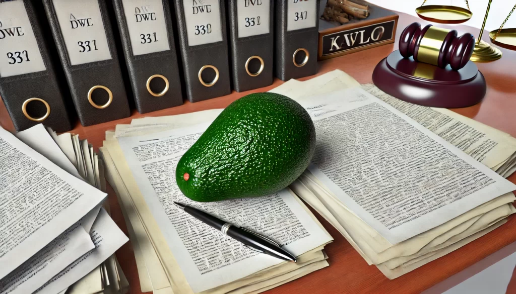 DALL·E 2024 08 14 16.56.31 An ultra realistic image of a lawyer's desk with legal papers spread out, and a ripe avocado placed on the desk. The scene shows the desk cluttered wi