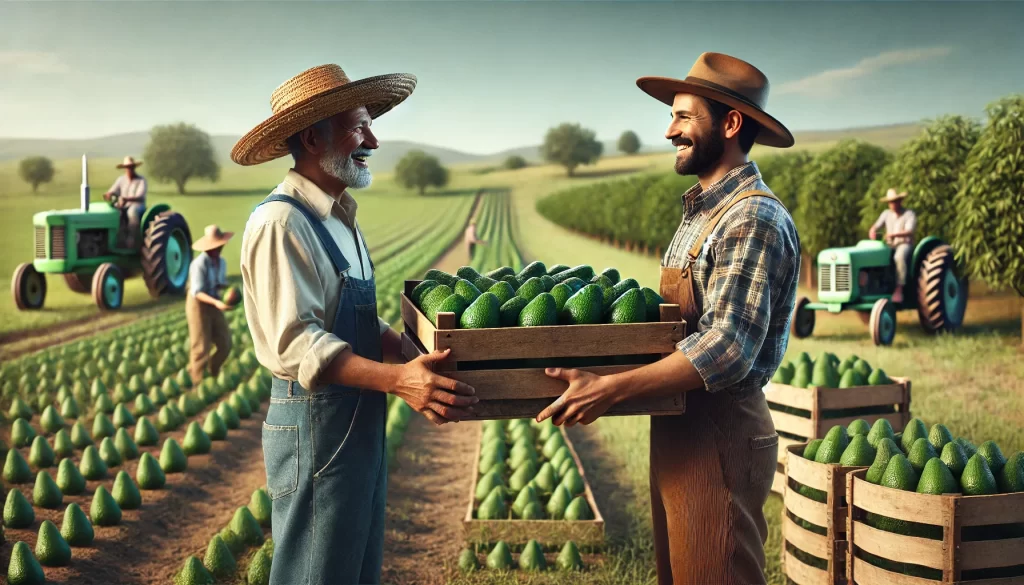 DALL·E 2024 08 14 17.03.56 An ultra realistic image showing a Mexican farmer handing over a crate of freshly harvested avocados to an American farmer. The scene depicts the two