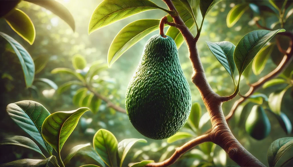 DALL·E 2024 08 14 17.32.43 An ultra realistic close up image of an avocado hanging from a branch on an avocado tree. The avocado is ripe, with a dark green, textured skin, and i