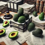 DALL·E 2024 08 14 17.34.44 An ultra realistic image of a lawyer's desk cluttered with legal papers, and several avocados placed around them. The desk is covered with documents,