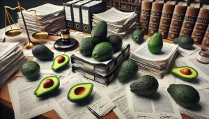 DALL·E 2024 08 14 17.34.44 An ultra realistic image of a lawyer's desk cluttered with legal papers, and several avocados placed around them. The desk is covered with documents,