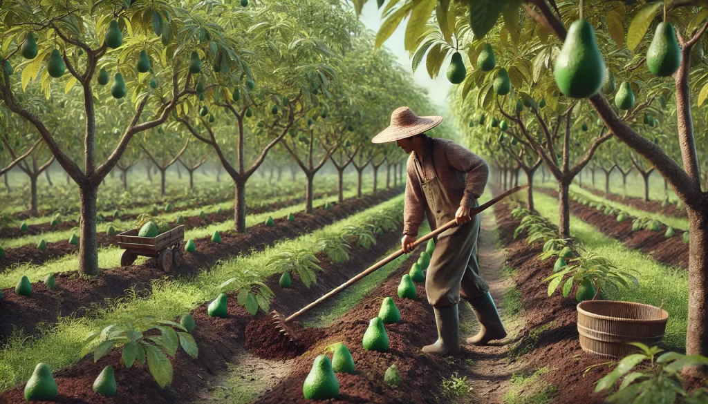 DALL·E 2024 08 14 18.20.55 An ultra realistic image showing a farmer working the soil in an avocado orchard. The scene depicts the farmer using a hoe or similar tool to till the