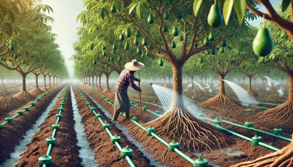 DALL·E 2024 08 14 18.21.57 An ultra realistic image showing a farmer working the soil in an avocado orchard with an irrigation system in place. The farmer is using a hoe or simi