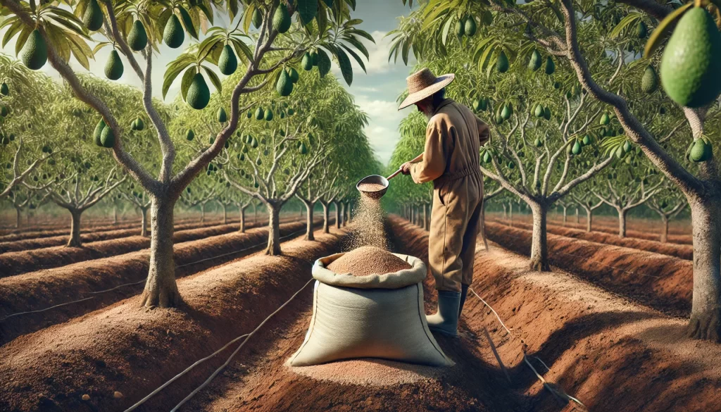 DALL·E 2024 08 14 18.23.12 An ultra realistic image showing a farmer applying fertilizer to the soil in an avocado orchard. The farmer is using a large sack of granular fertiliz