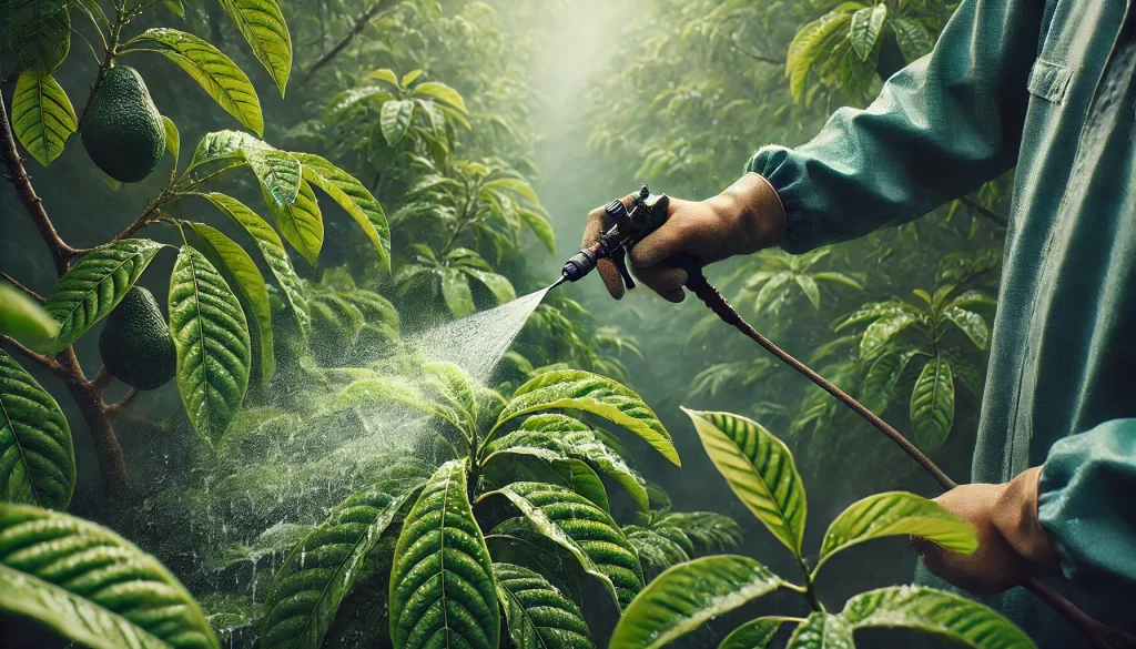 DALL·E 2024 08 14 18.24.25 An ultra realistic close up image showing a farmer applying pesticide to an avocado tree. The scene focuses on the farmer's hand holding a sprayer noz