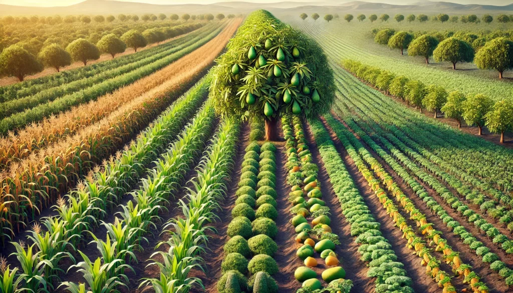 DALL·E 2024 08 14 18.27.35 An ultra realistic image showing multiple crops growing in a field alongside an avocado orchard. The scene depicts rows of avocado trees interplanted