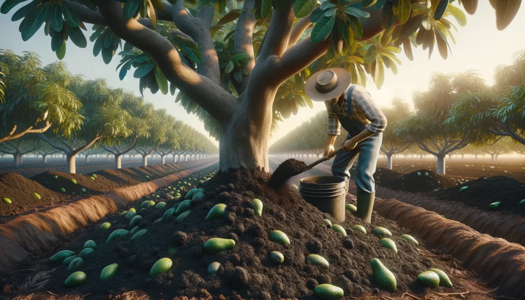 DALL·E 2024 08 14 18.29.17 An ultra realistic image showing a farmer applying compost to the base of an avocado tree. The scene focuses on the farmer spreading dark, rich compos