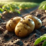 DALL·E 2024 08 16 16.19.36 A realistic close up image of three freshly harvested potatoes lying on the soil in a field. The potatoes are still covered with some dirt, showing th