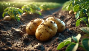 DALL·E 2024 08 16 16.19.36 A realistic close up image of three freshly harvested potatoes lying on the soil in a field. The potatoes are still covered with some dirt, showing th