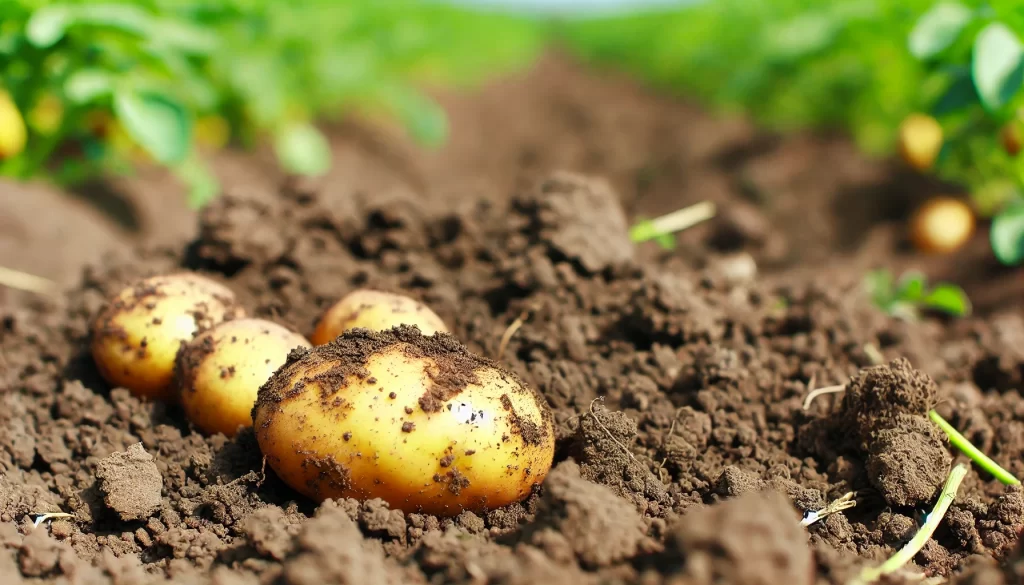 DALL·E 2024 08 16 16.20.23 A realistic close up image of three freshly harvested potatoes lying on the soil, viewed from a different angle, showcasing more of the potato field.