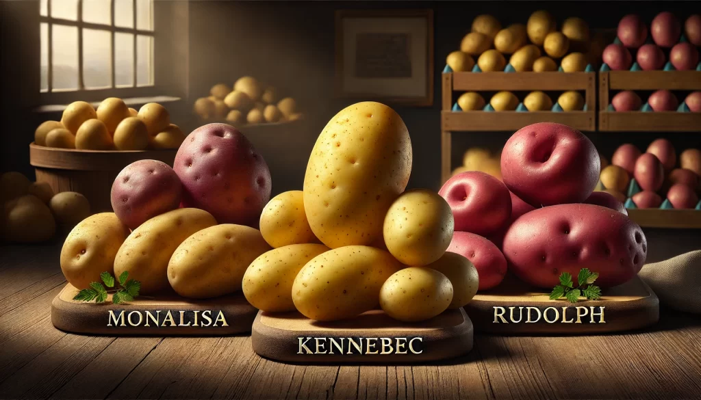 DALL·E 2024 08 16 16.22.29 A realistic image showcasing three different varieties of potatoes Monalisa, Kennebec, and Rudolph. Each potato variety is displayed on a wooden surf