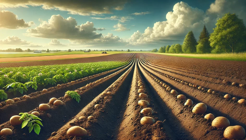 DALL·E 2024 08 16 16.24.16 A realistic image of a field prepared for planting potatoes. The soil is freshly plowed and ridged, with clear rows ready for planting. The soil is da