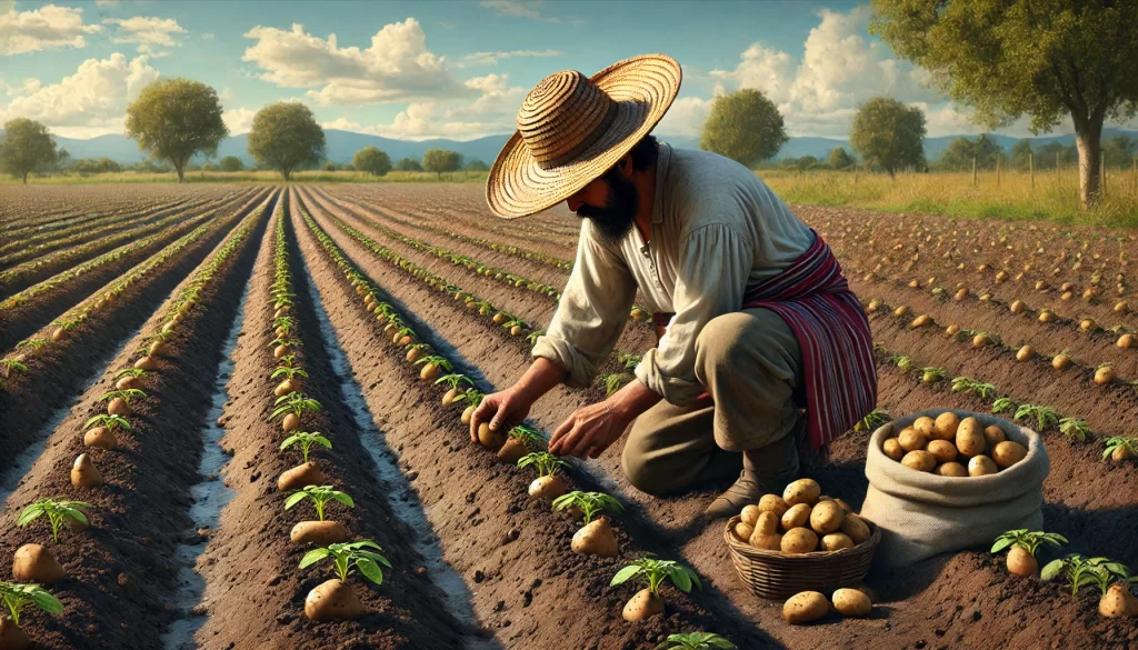 DALL·E 2024 08 16 16.25.20 A realistic image of a Mexican farmer planting potatoes in a field. The farmer is wearing traditional work clothes, including a straw hat, and is care