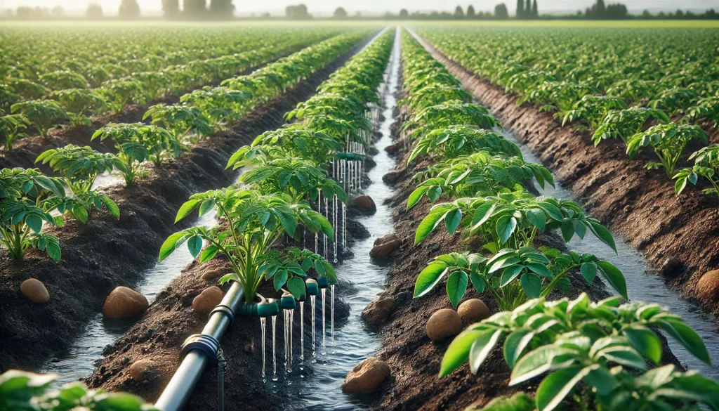 DALL·E 2024 08 16 16.26.07 A realistic image showing a drip irrigation system in a potato field. The image captures rows of potato plants with drip irrigation tubes running alon