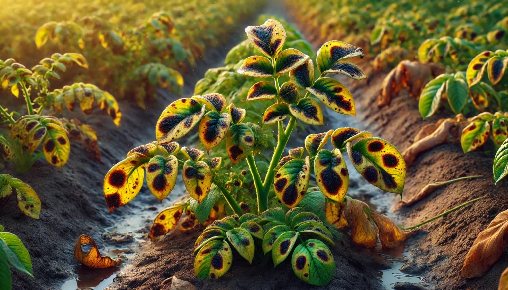 DALL·E 2024 08 16 16.26.52 A realistic close up image showing the effects of late blight (Phytophthora infestans) on potato plants in a field. The leaves of the potato plants ar