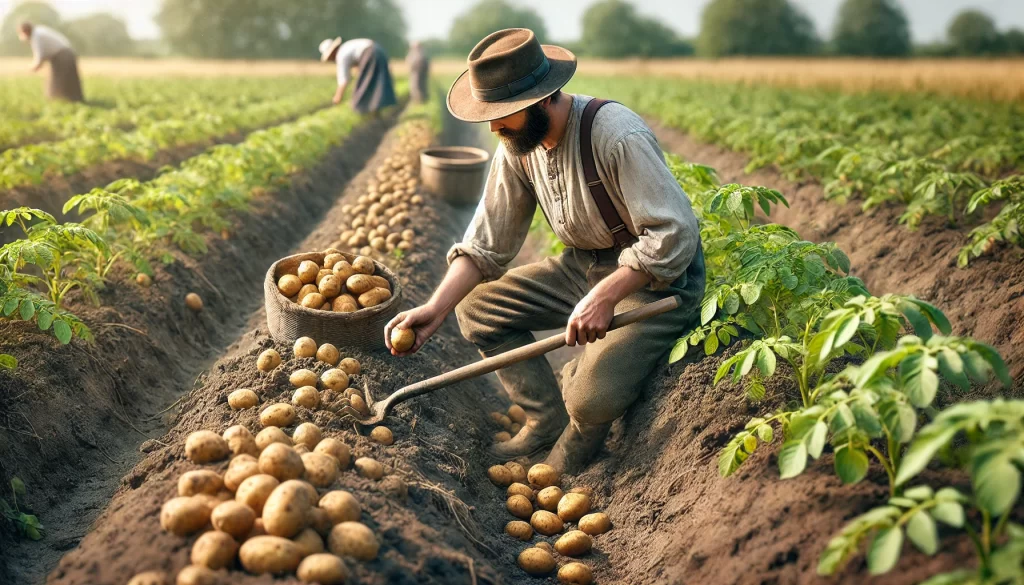 DALL·E 2024 08 16 16.27.35 A realistic image of a farmer harvesting potatoes in a field. The farmer is wearing traditional work clothes, including a hat, and is seen digging up