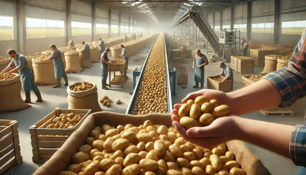 DALL·E 2024 08 16 16.28.16 A realistic image of the post harvest process of potatoes. The scene shows freshly harvested potatoes being sorted and prepared for storage. Some pota