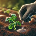 DALL·E 2024 08 16 16.29.41 A realistic close up image showing a hand applying fertilizer to a young potato plant. The hand is wearing a glove and is carefully placing granular f