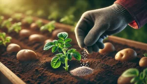 DALL·E 2024 08 16 16.29.41 A realistic close up image showing a hand applying fertilizer to a young potato plant. The hand is wearing a glove and is carefully placing granular f